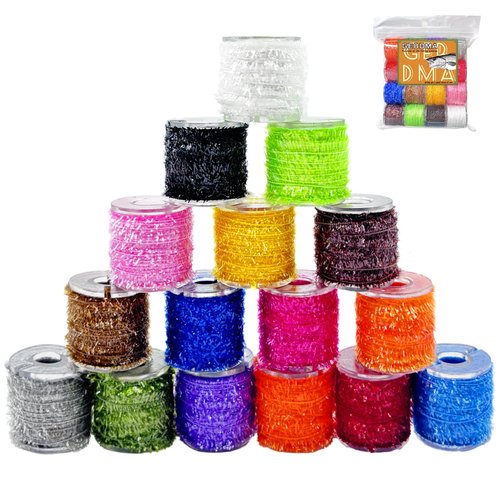 GEBDMA Crystal Flash Chenille Fly Tying Materials 16 Colors Fly Tying Tinsel Sparkling Chenille Lines for Fly Patterns and Crappie Jig Making Supplies