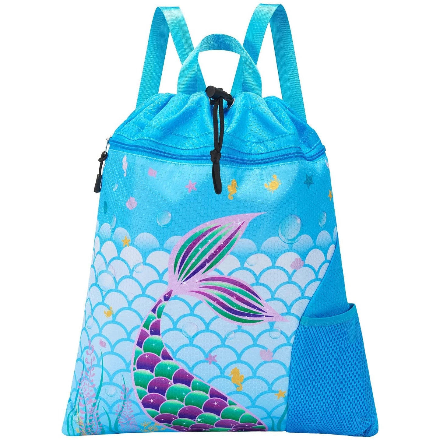 WAWSAM Drawstring Backpack for Kids, 15” × 17” Mermaid Gym Bag Cinch Bag for Girls Kids Waterproof Swim Beach Bag, Back to School Birthday Gift with Zippered Pocket and Bottle Pocket