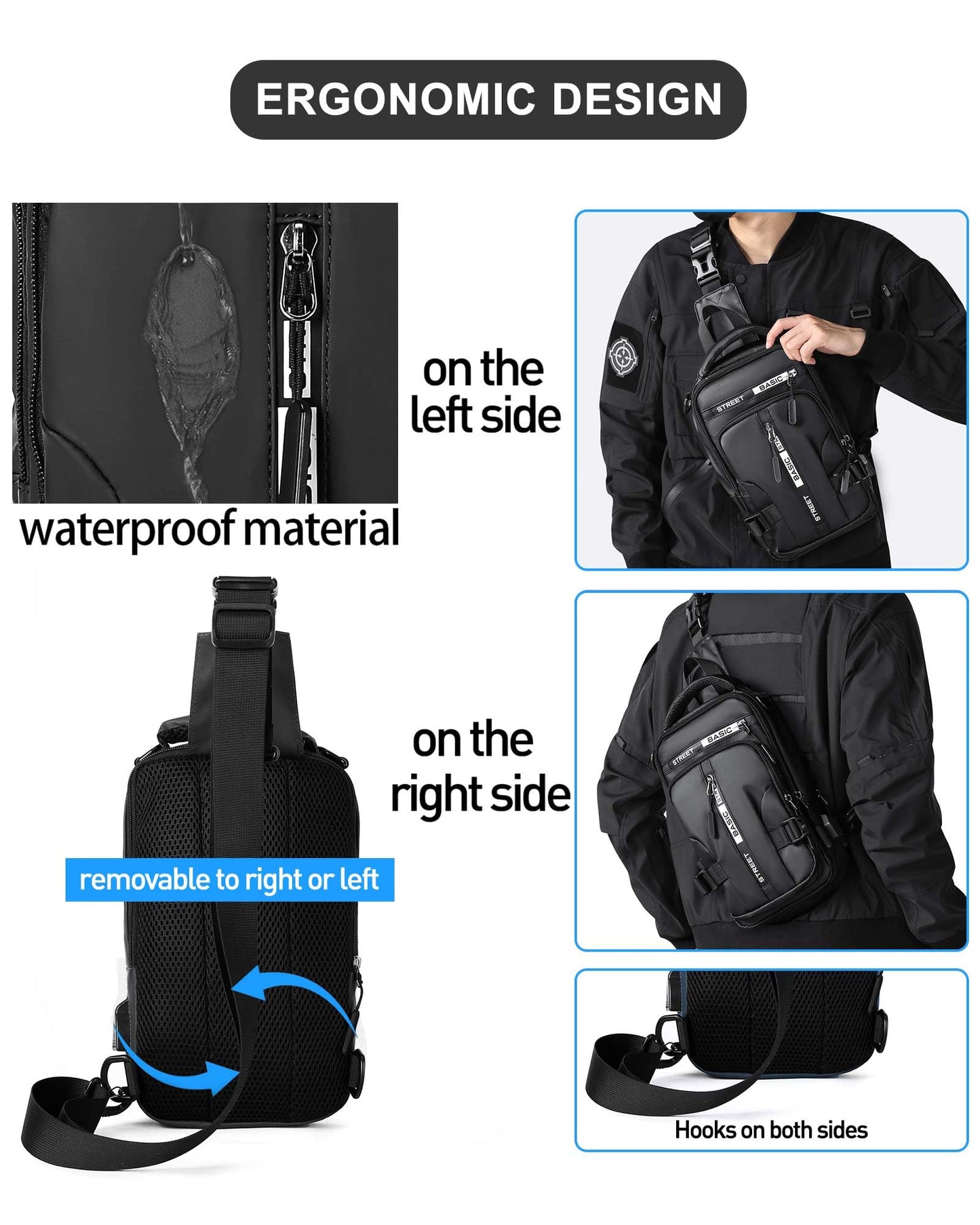 Large Black Sling Bag for Men, Shoulder Messenger Bag for Mens, Anti Theft One Strap Motorcycle Backpack Sling Chest Bag for Casual Hiking Walking Biking Travel Cycling Outdoor Sports