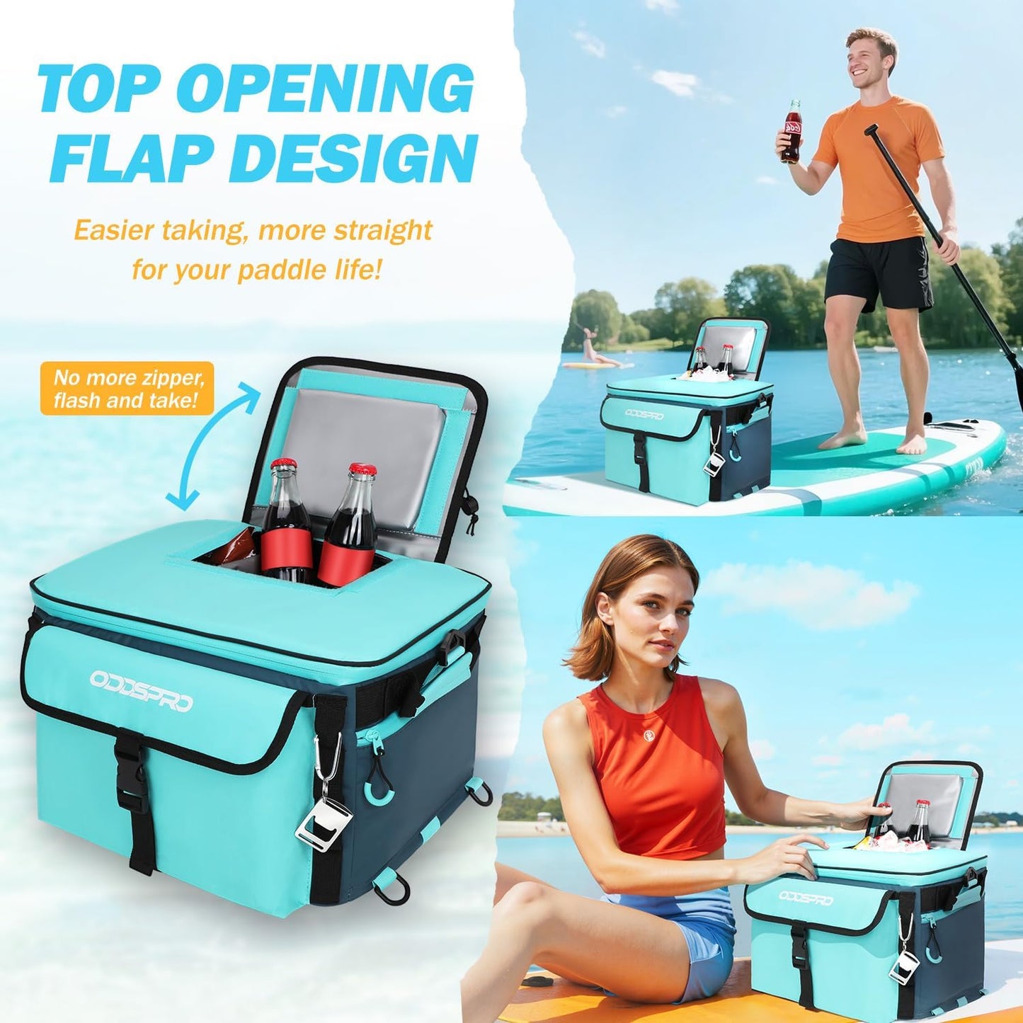 28L Paddle Board Cooler, Unique Top Opening Flap Waterproof Paddleboard Cooler, Durable PVC Material Fits 42 Cans with Bottle Opener, Paddle Board Accessories for SUP, Kayaking, Camping, Fishing
