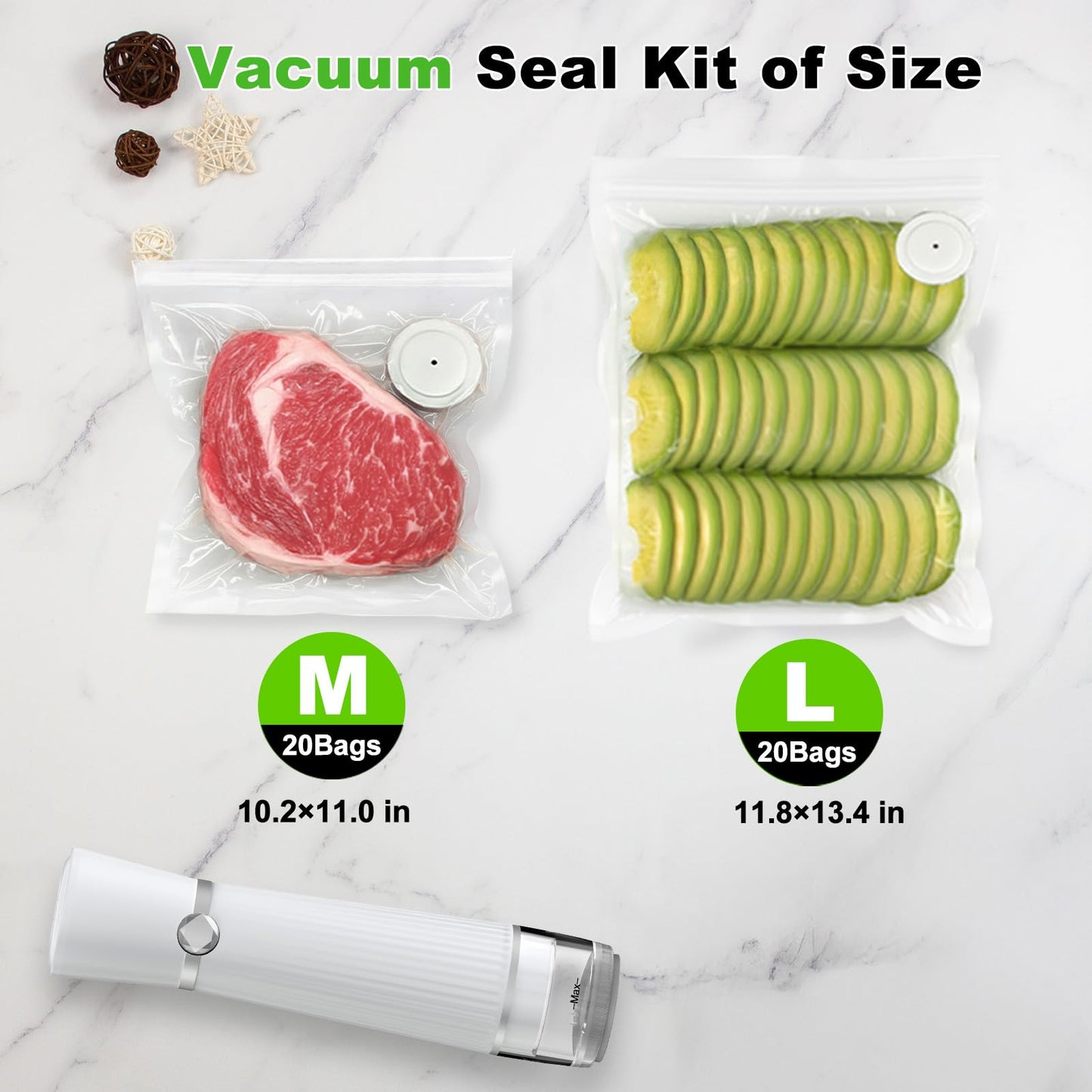 Jexqizy Vacuum Sealer for Food (Compact Vacuum Sealer Machine + 40 Reusable Vacuum Bags), Powerful 80Kpa Portable Vacuum Sealer for 10X Preservation & Fresh, Handheld Vacuum Food saver