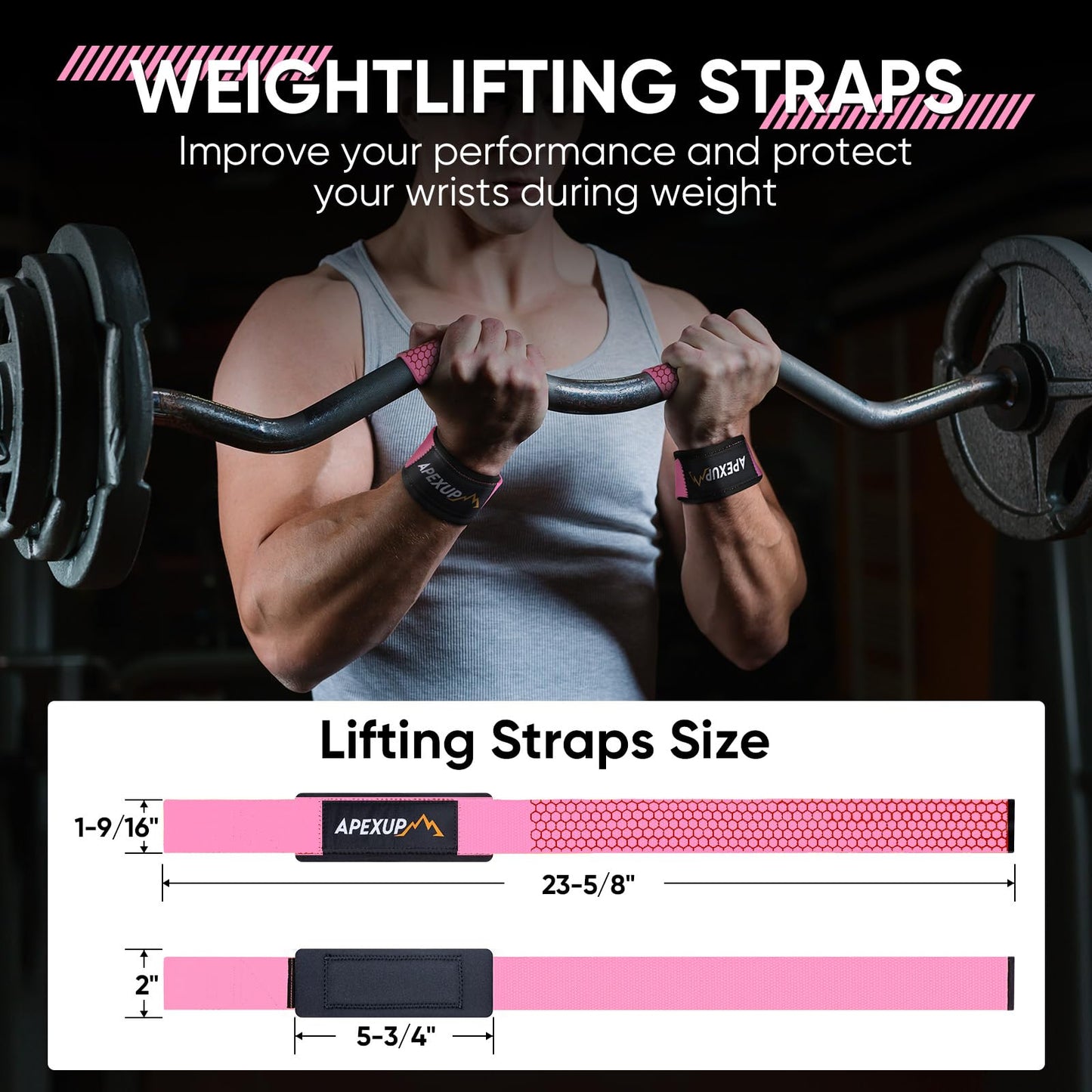 APEXUP Weight Lifting Straps for Weightlifting, Lifting Wrist Straps Gym, Deadlift Strap, Anti Slip Silicone Weightlifting Strap Men Women Powerlifting, Strength Training (Pink, 2 Pair)