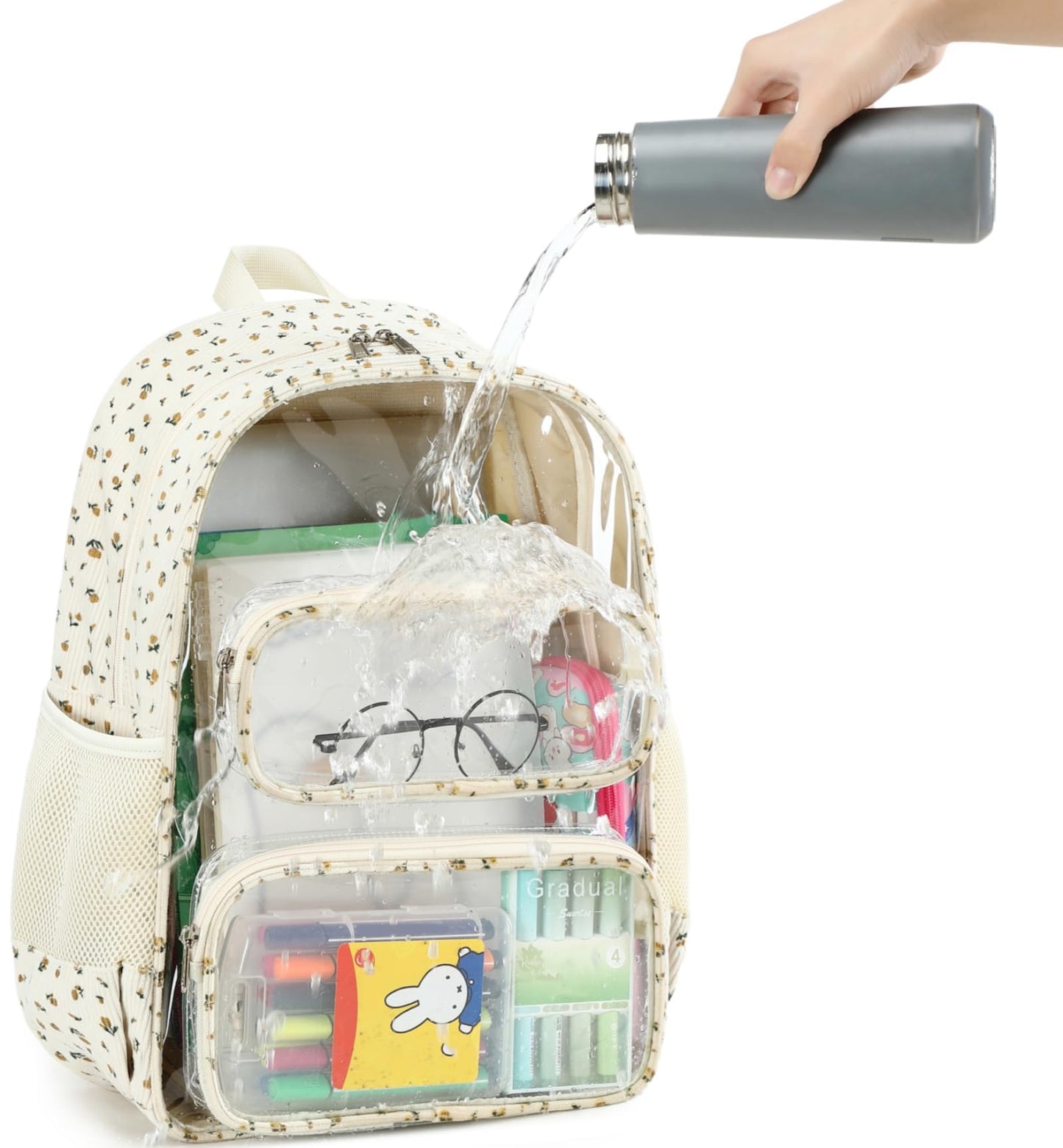 CAMTOP Clear Backpack Heavy Duty Transparent Bag See Through BookBag for Student School Work Festival Sport Travel (Beige Yellow Flowers)
