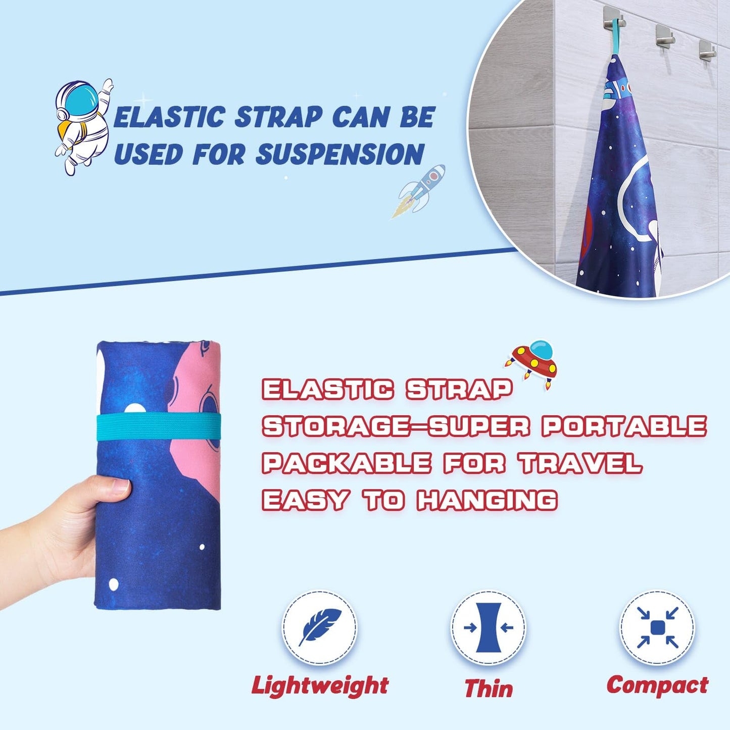 WERNNSAI Space Kids Beach Towel for Boys, 30” x 60” Double-Sided Towel for Kids, Kids Beach Pool Bath Bathroom Swim Towels, Beach Blanket Towel