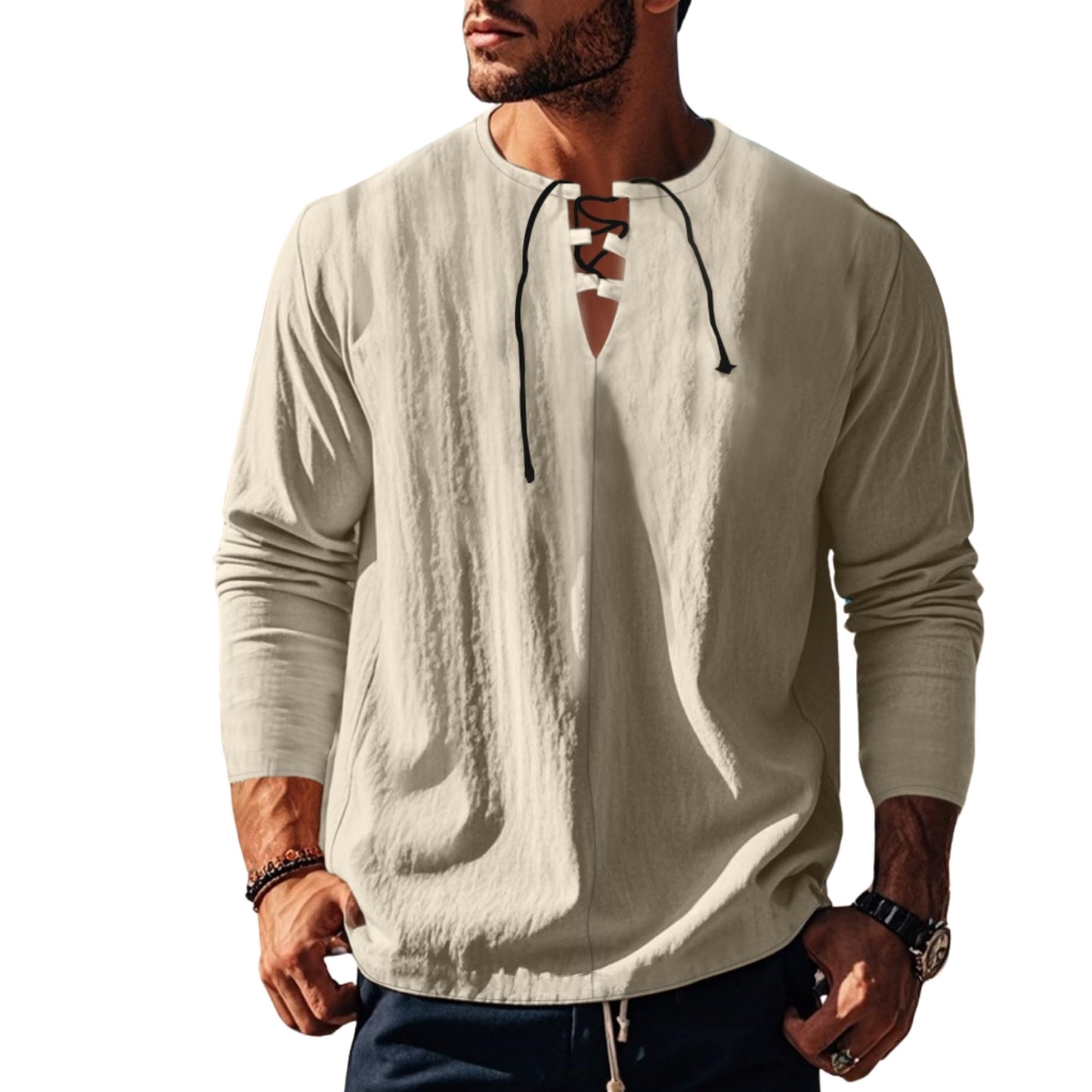 Men's Summer Cotton T Shirts Casual Long Sleeve V Neck Shirts Hippie Beach Tops Drawstring Linen Shirts Linen Henley Shirts Apricot XL