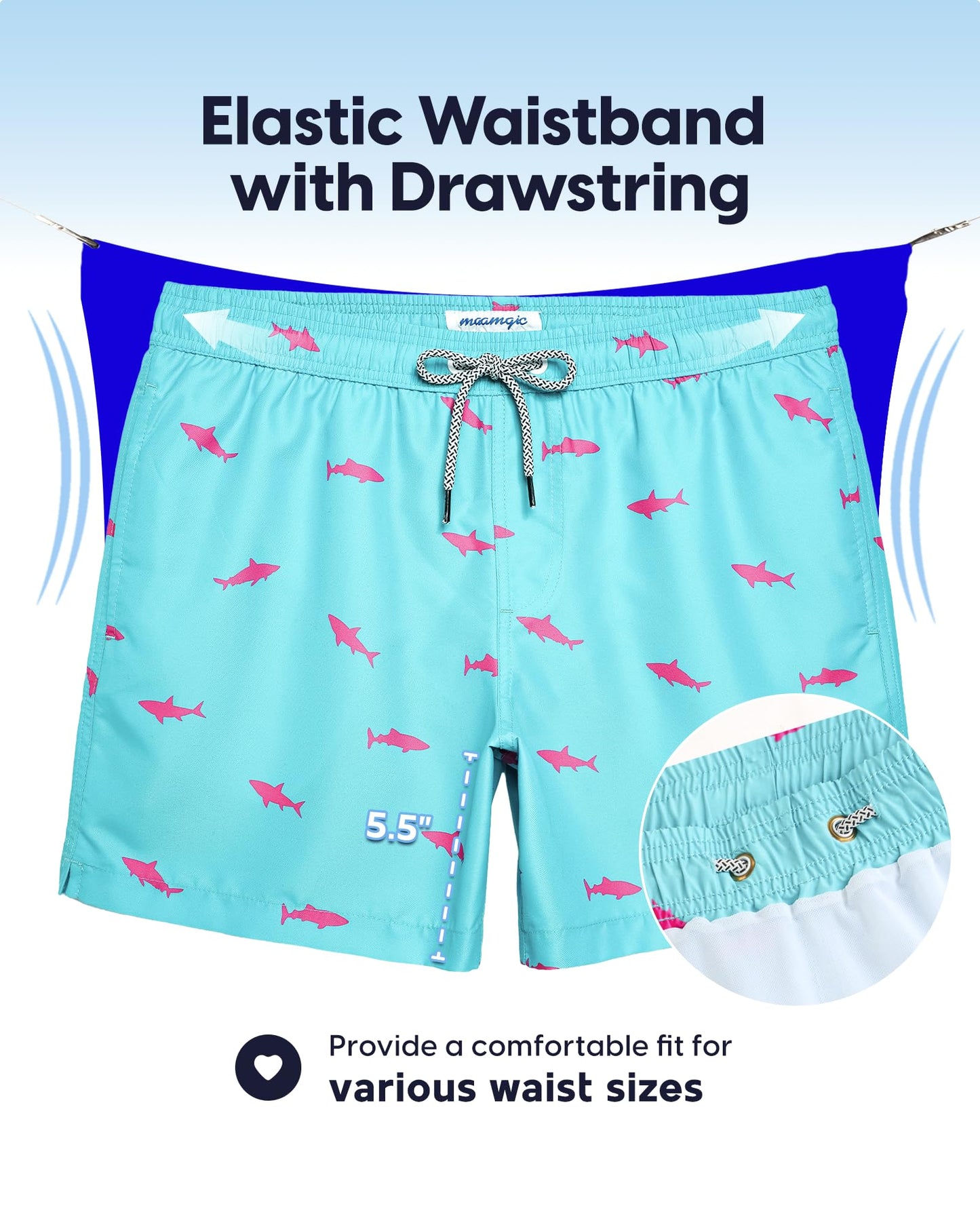 maamgic Mens Swim Trunks 5 Inch with Mesh Lining, Quick Dry Mens Bathing Suit, Swim Shorts for Swimming and Beach, Large