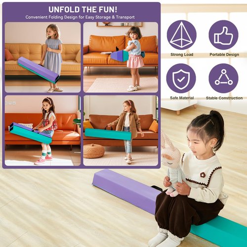 Wansenya Folding Balance Beam for Kids 3-5,Soft Gymnastics Floor Beam for Kids 6-12,End Velcro,PU Cover,EPE Foam,Carry Handles,Anti-Slip Base,Beam Gymnastics for Home Training,or School,Gym Center