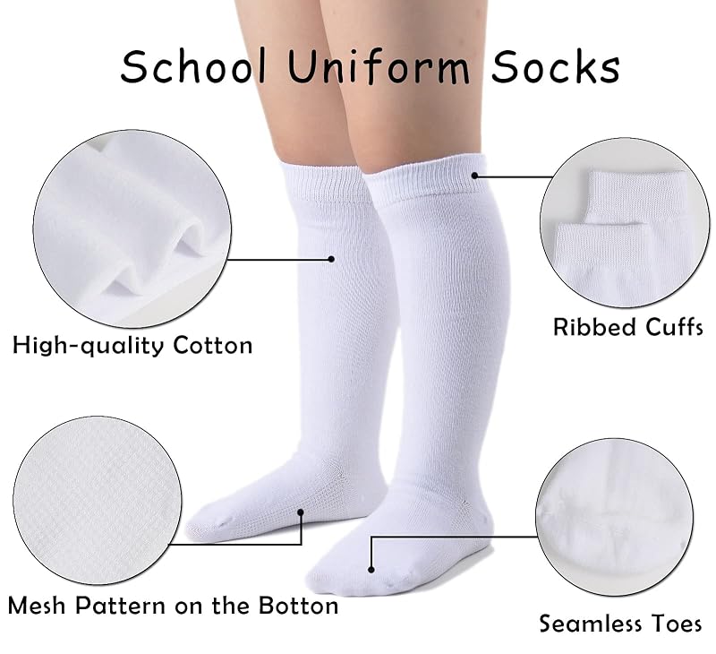 Knee High Crew Socks for Kids 3-14 - Seamless Toe Cotton School Uniform Pack - Plain White 4-pack