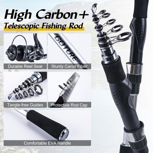 Goture Fishing Rod and Reel Combo, Carbon Fiber Telescopic Fishing Rod Kit with Spinning Reel, Carrier Bag, Fishing Lures and Fishing Tools, Fishing Kit for Travel Freshwater Saltwater 2.1M