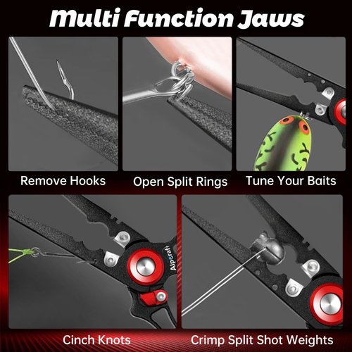 AlpCraft Fishing Pliers, Muti-Function Saltwater Split Ring Pliers Hook Remover, Rust-Proof Fly Fishing Accessories with Braid Line Cutter Sheath Lanyard, Ice Fishing Gear Stuff Gifts for Men (Black)