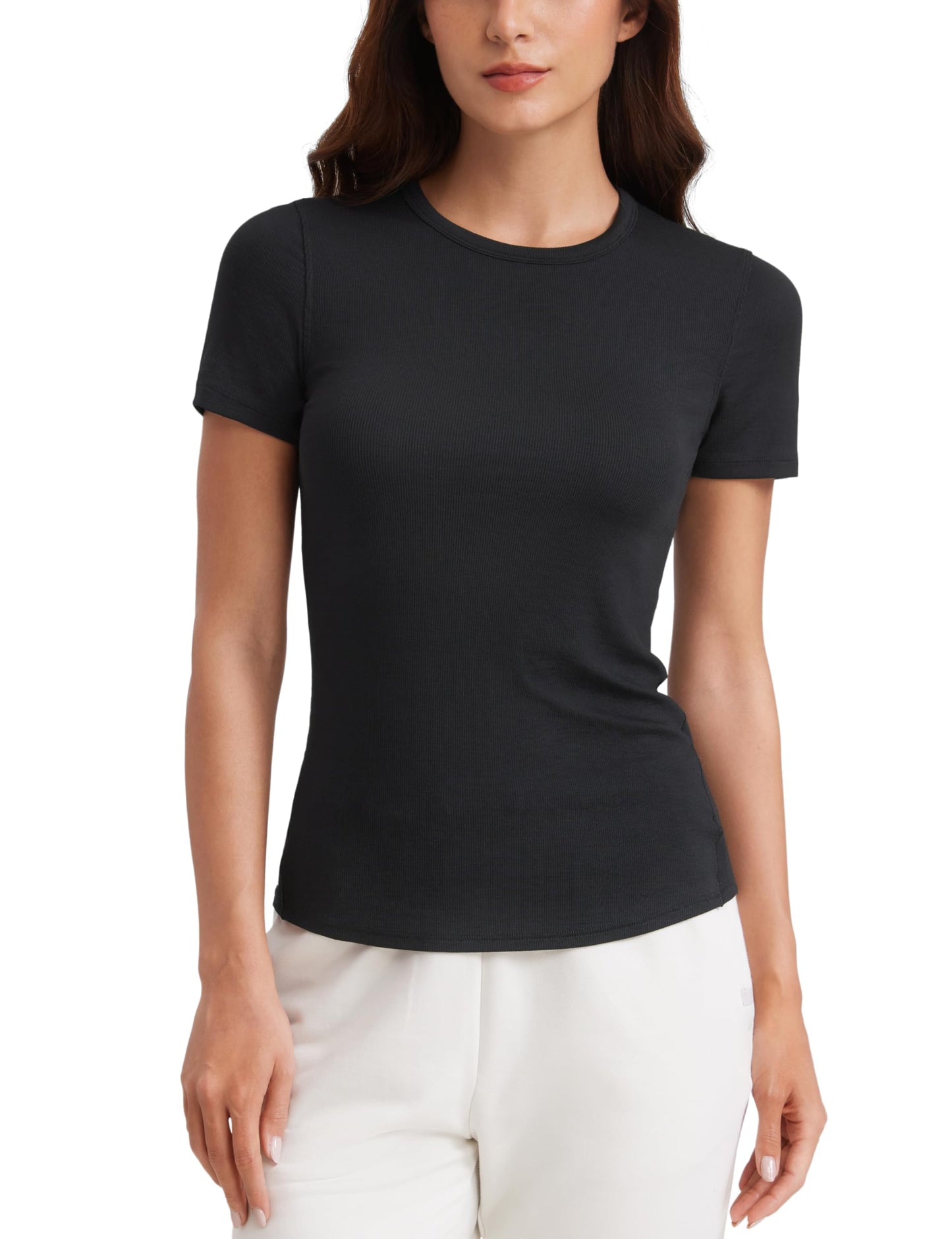 CRZ YOGA Womens Ribbed Modal Casual Short Sleeve Crew Neck Basic Shirts Going Out Soft Fitted Stretchy Athletic Workout Tops Black Medium
