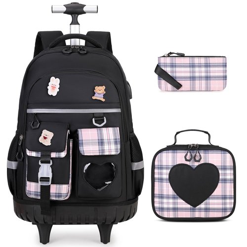 ACESAK Rolling Backpack for Girls - Roller Wheels School Bookbag with Lunch Bag & Pencil Pouch for Teen Girls Kids Wheeled Suitcase Backpacks, Elementary Middle School Travel Daypack (Black)