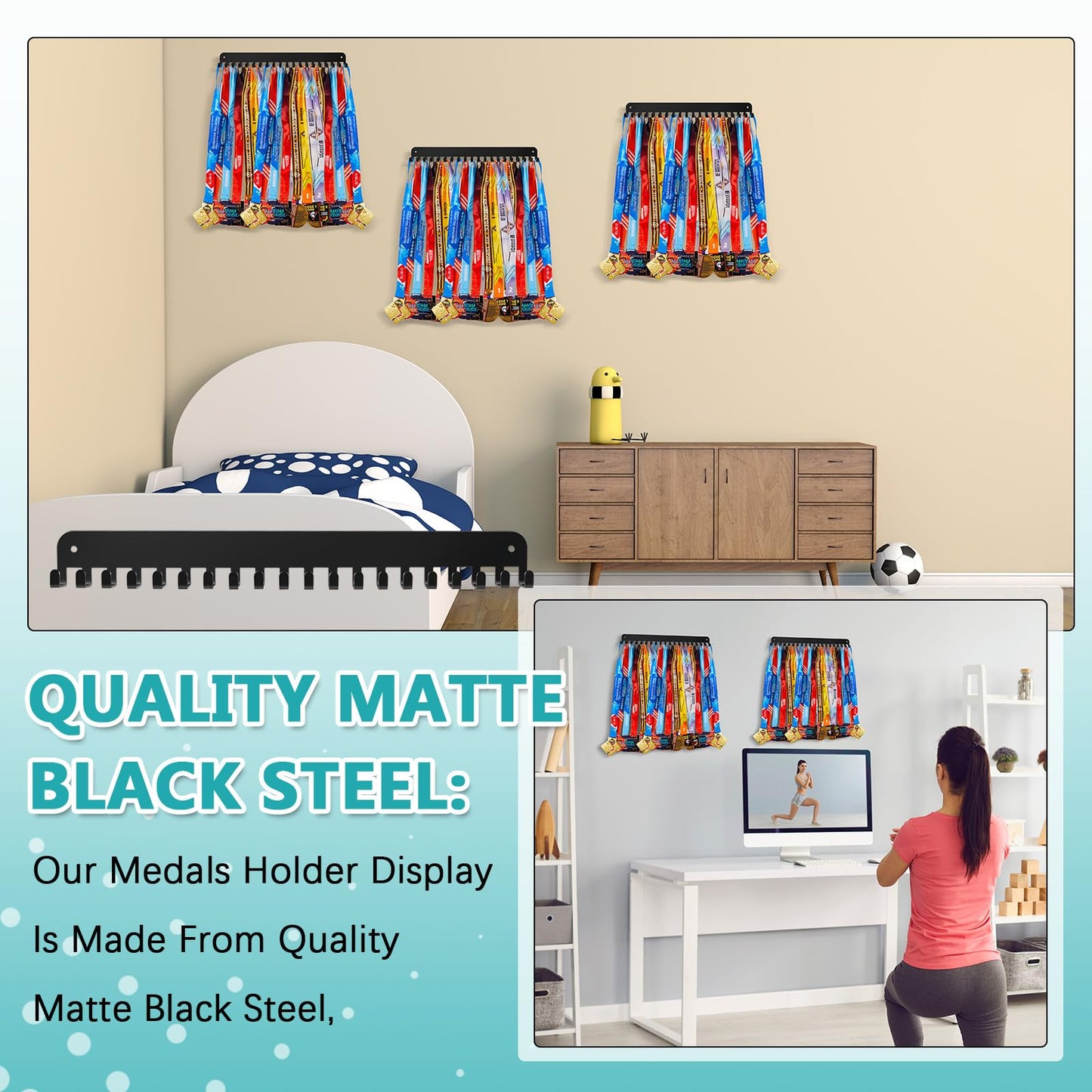 Geetery 4 4 Pack Medal Hanger Display with 20 Hooks Each, Sturdy Steel Wall Mount Medal Holder Rack Holds 60+ Awards for Gymnastics Marathon Sport Runner Soccer Wrestle Swim, Easy to Install (Black)