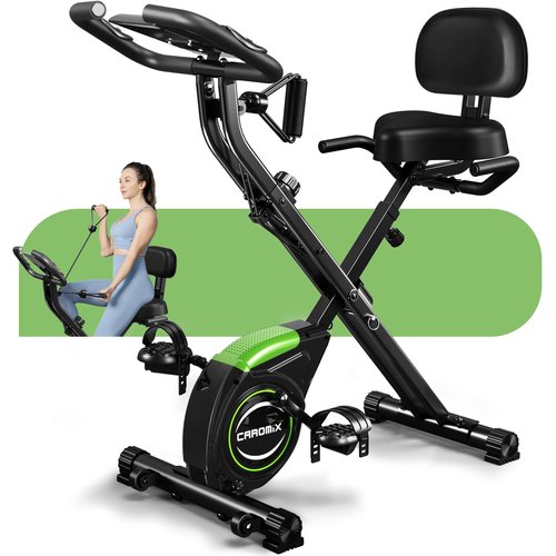 Caromix Folding Exercise Bike, Magnetic Fitness Stationary Bike with 16-Level Adjustable Resistance and Soft Chshion, Upright Indoor Cycling Bike for Home Workout