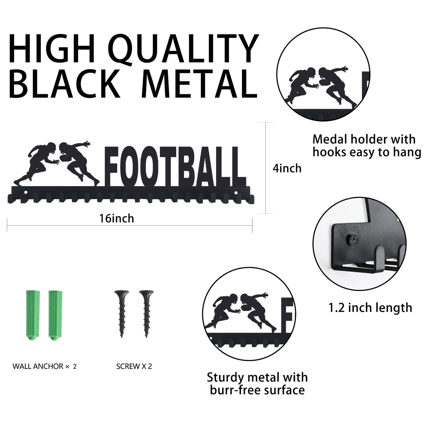 Goutoports Personalized Football League Medal Display Hanger Holds Up 60 Medals Durable Metal Holder Awards Organize Rack Kids Sports Badge Ribbon Hanger for Wall Decor Gifts for Athletes