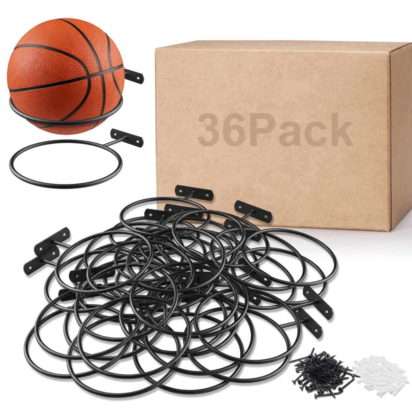 ASZUNE 36Pack Basketball Holder Ball Holder Wall Mount Storage Display Universal Ball Rack Metal Black Rack Holder Space Saver for Basketball Football Volleyball Soccer