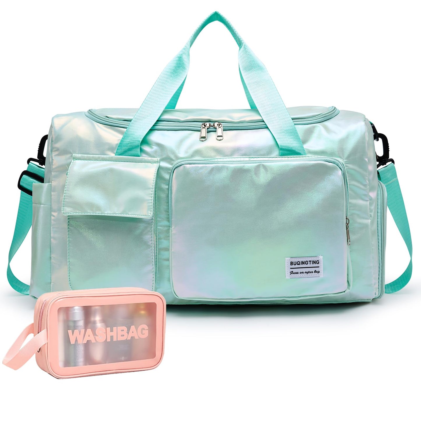 Shimmery Small Gym Bag for Women, Waterproof Travel Duffle Bag Carry On Weekender Bag with Shoe Compartment & Wet Pocket, Gym Tote Bag for Travel, Workout, Sport
