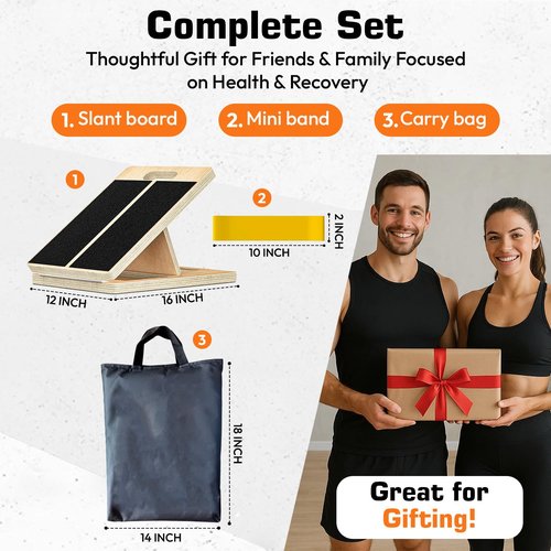Adjustable Wooden Slant Board for Calf Stretching – Incline Wedge for Ankle,Heel,Knee & Leg Pain Relief – Squat Equipment for Physical Therapy & Home Gym-2 Extra Sand Papers,Carry Bag & Mini Loop Band