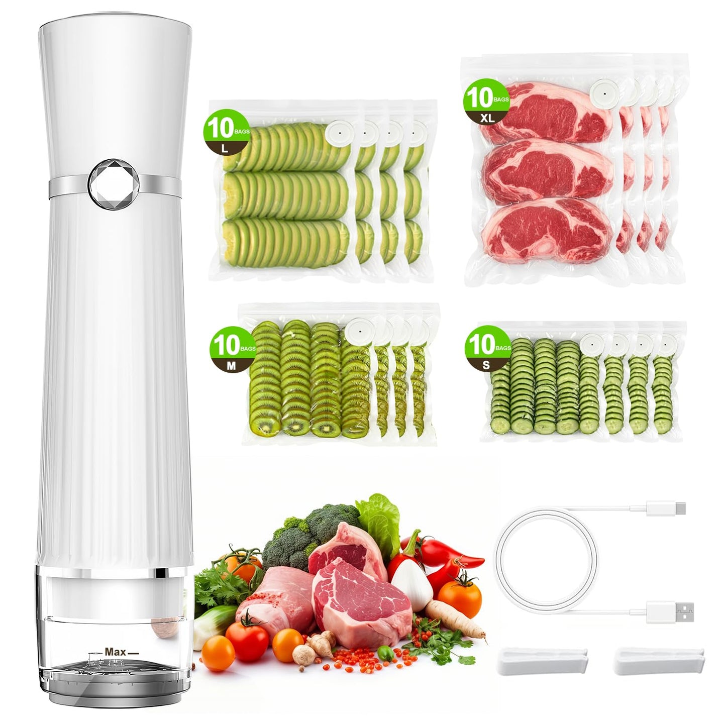 Jexqizy Vacuum Sealer for Food (Compact Vacuum Sealer Machine + 40 Reusable Vacuum Bags), Handheld Vacuum Food saver for 10X Preservation & Fresh, Powerful 80Kpa Portable Vacuum Sealer