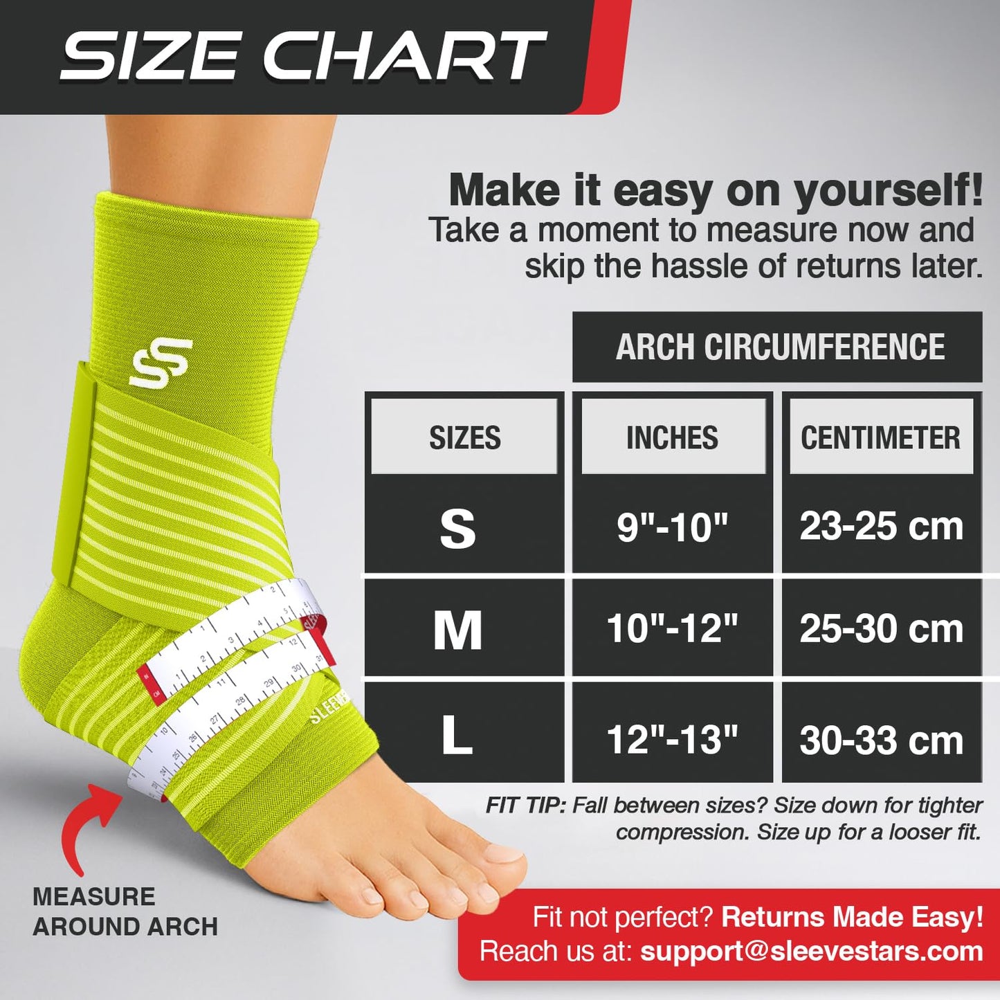 Sleeve Stars Ankle Brace for Women & Men, Ankle Wrap for Sprained Ankle, Compression Sleeve for Plantar Fasciitis Relief, Easy Customizable Support: w/ Removable Strap (Single/M:10"-12"/Neon Yellow Green)