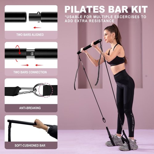 Pilates bar kit Multiple Fitness bar with Resistance Bands, Ab Rollers.Core Strength Training Equipment. Squat Machine for Men and Women.Portable Home Gym Pilates bar kit for Full Body Training Women