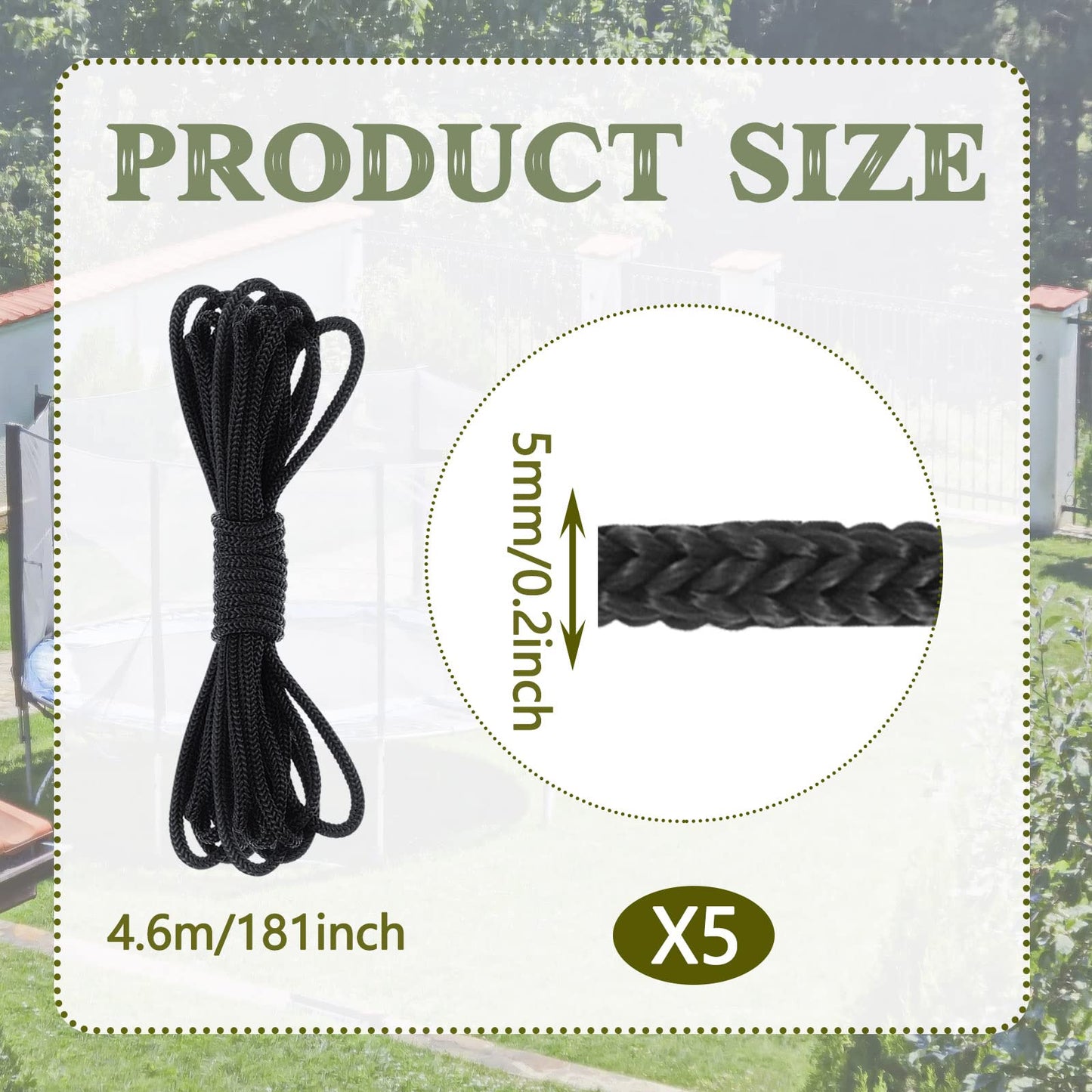 Fabbay 5 Pieces Trampoline Net Connection Rope 15 Feet/ 4.6 M Long, 5 mm/ 0.2 Inch Thick Braided Tie Down Rope Trampoline Replacement Parts Long Safety Trampoline Net Cords for Enclosure Nets, Black