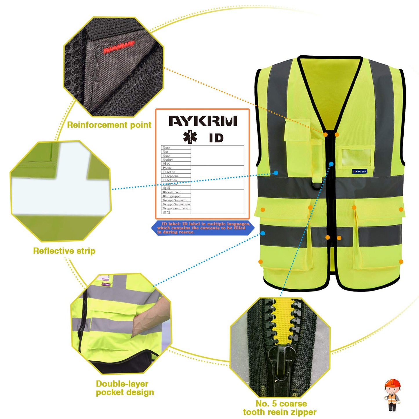 A-SAFETY 7pocket High Visibility Safety Vest Zipper, Construction Vest Reflective Strips ANSI/ISEA Standards for Motorcycle, Running,work, Bicycle Riding Outdoor Activities, Yellow