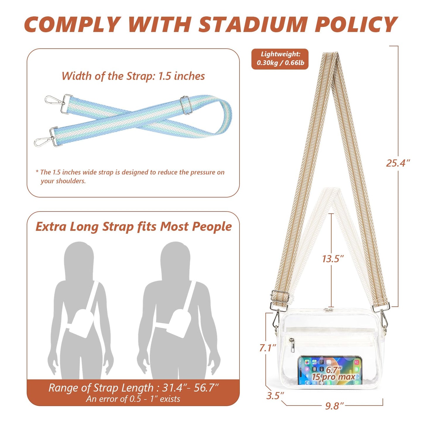 QOECI Clear Bag for Stadium Events, White Clear Bags for Stadium Approved, Transparent Purses for Women With 2 Extra-Long Detachable Straps For Concerts Sports