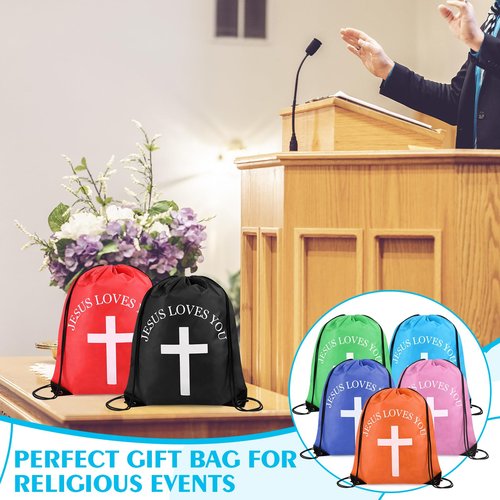 SilTriangle Jesus Loves You Drawstring Backpack Bulk Easter Church Gifts Christian Religious Gift Bag Polyester Backpack (Multicolor,20 Pcs)