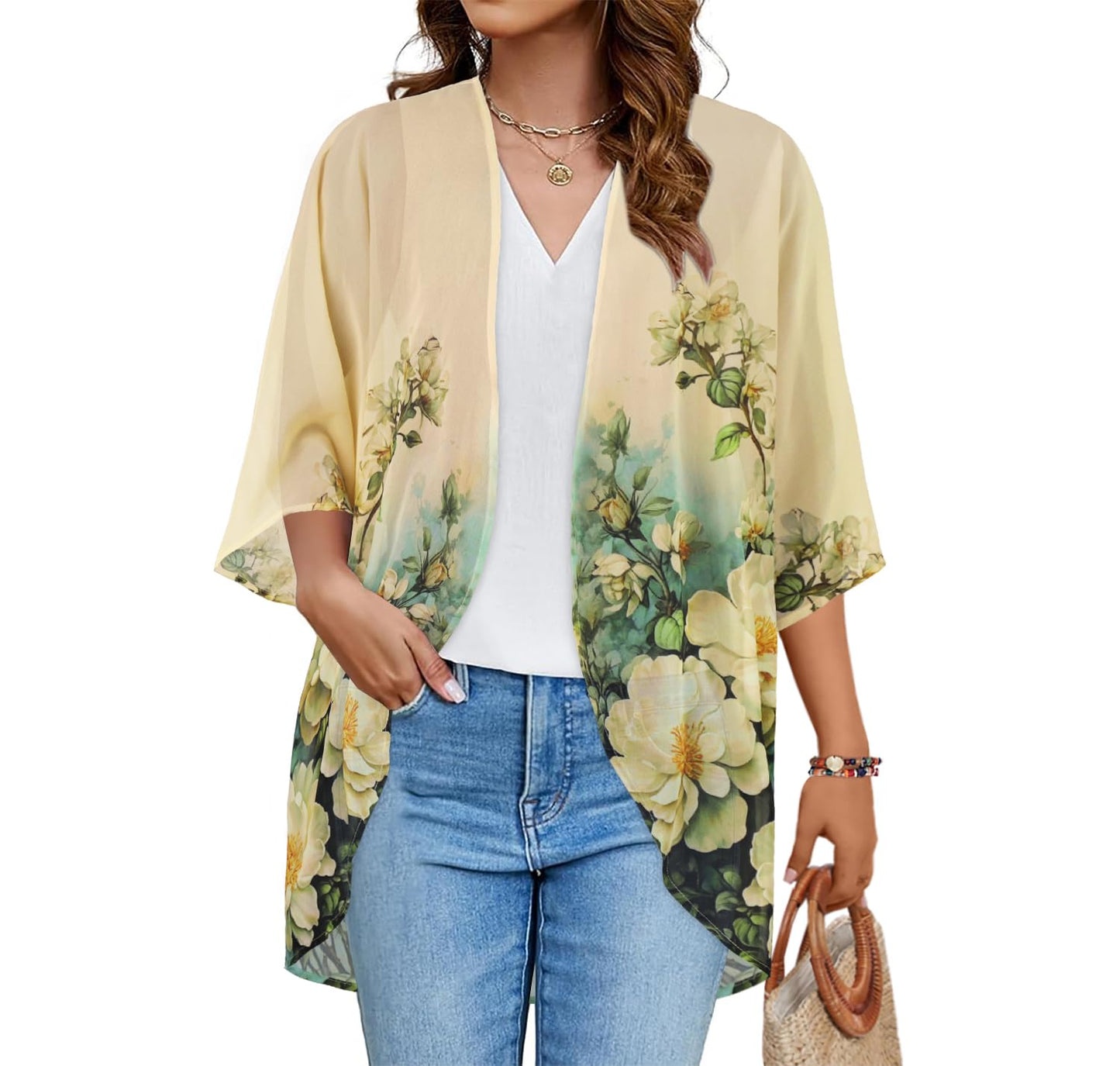 Women's Floral Print Puff Sleeve Kimono Cardigan Loose Cover Up Casual Blouse Tops(Beige White Floral,M)