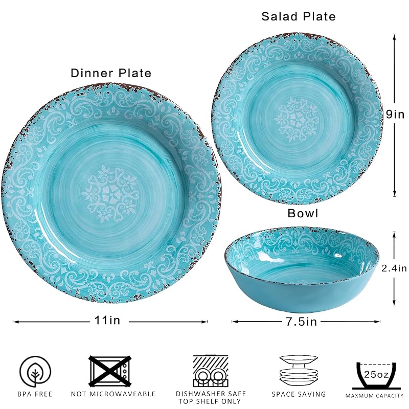 Teal 12-Piece Melamine Dinnerware Set for 4 – 4 Plates, 4 Salad Plates, 4 Bowls
