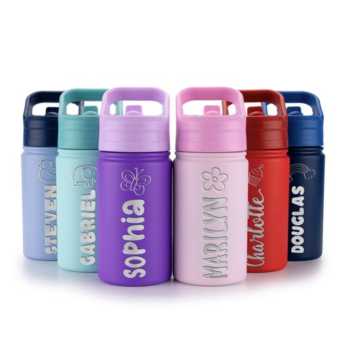 Personalized Water Bottle for Kids - Stainless Steel, 12 oz, Name & Icon, Leakproof Lid, Great Gift for Girls - Pink