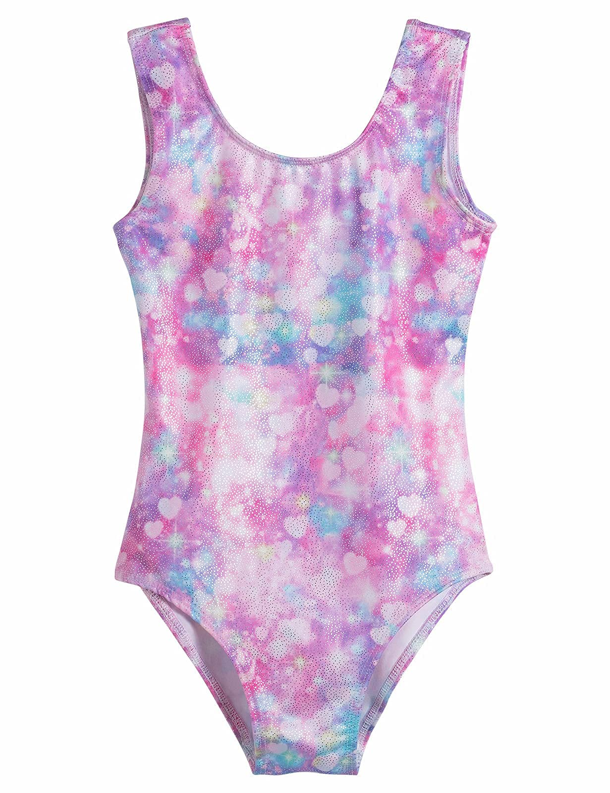 Domusgo Gymnastics Leotards for Girls Size 5-6 Years Old One Piece Sparkly Pink Rainbow Love Sleeveless Bodysuits