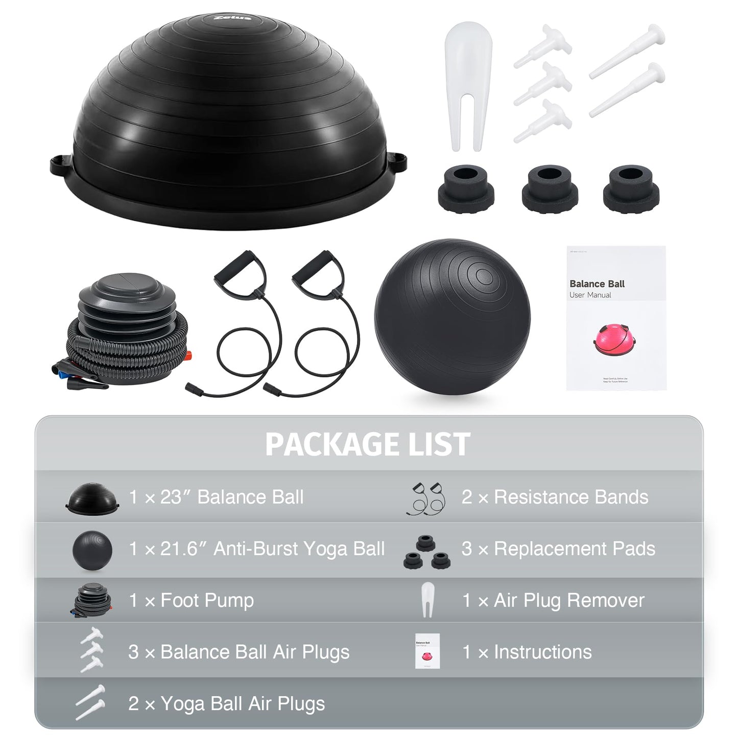 ZELUS Half Balance Ball Trainer, 23 inch Half Exercise Ball with Nonslip Base, 330lbs Cap Half Yoga Ball with Resistance Bands & Foot Pump, Extra Ball Included, Strength Fitness Ball for Home Gym