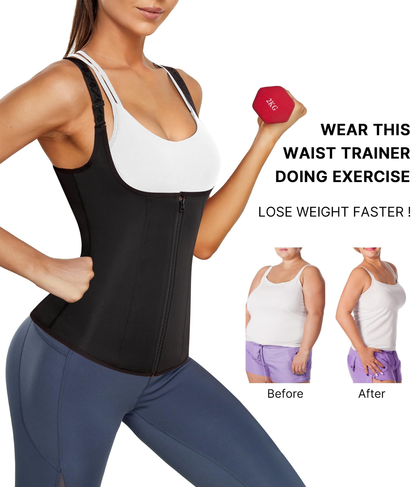 Nebility Women Waist Trainer Corset Zipper Vest Body Shaper Cincher Tank Top with Adjustable Straps (3XL, Black)