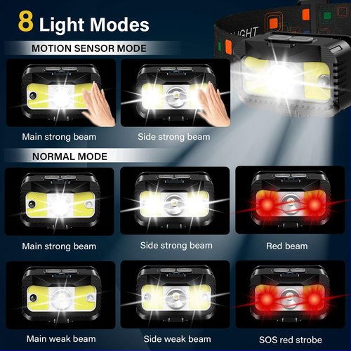 MIOISY Headlamp Rechargeable, Ultra Bright LED Head Lamp Flashlight with White Red Light, 2 Pack Motion Sensor Waterproof Headlight, 8 Modes Lights for Camping Fishing Running