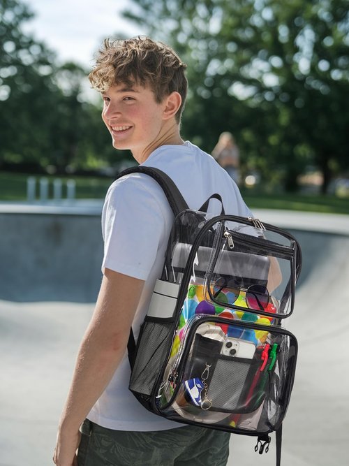 QOECI Heavy Duty Clear Backpack For Women Men Boys Girls, 17 Inch Large See Through Backpack, 360° 3M Reflective Strips Clear Bookbag, Transparent Bag For College Sport Work Travel Security, Black