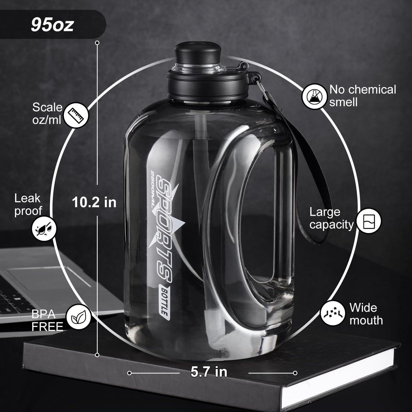 Doseno Large 95 OZ Water Bottle with Straw, Portable Handle, BPA Free, Eco-Friendly, Perfect for Sports and Fitness
