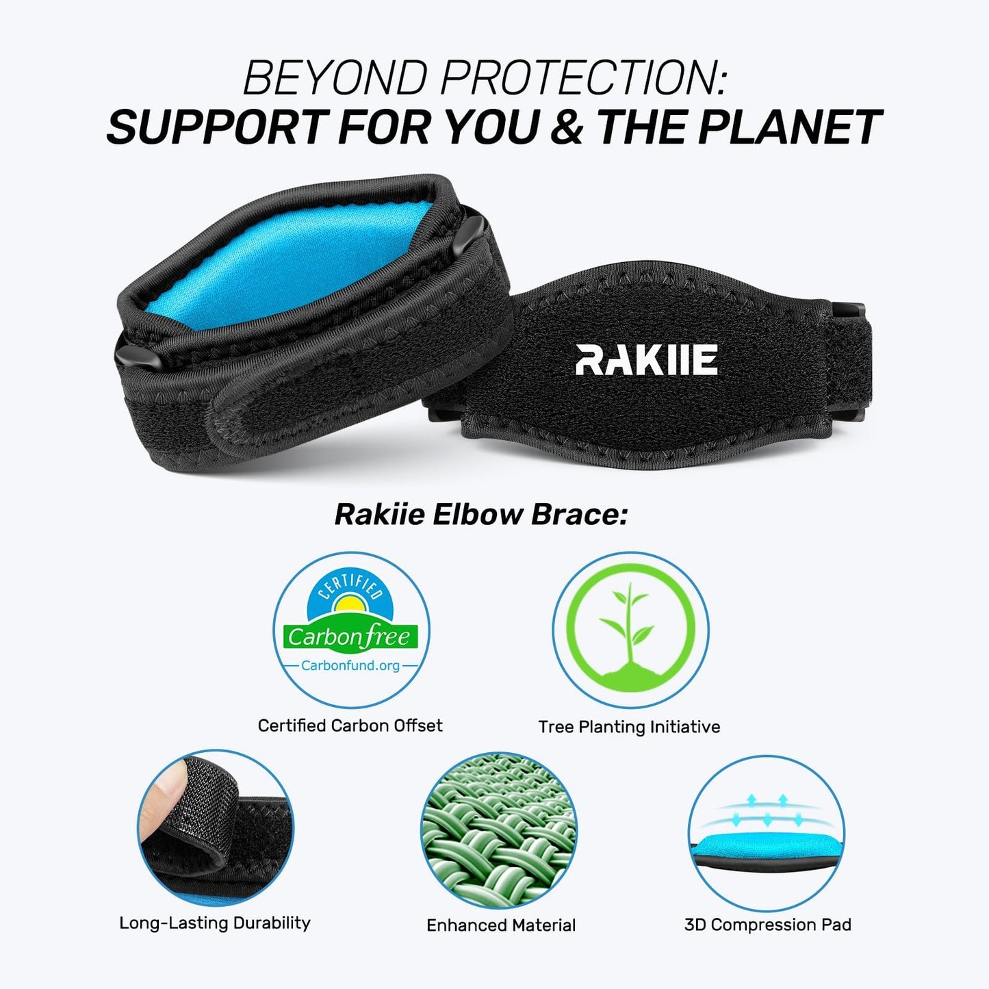 Rakiie 2 Pack Tennis Elbow Brace for Men Women, Adjustable Non-slip Golfer Elbow Strap with Support Compression Pad, Counterforce Brace for Sports, Fit 7.08-14.17", Blue