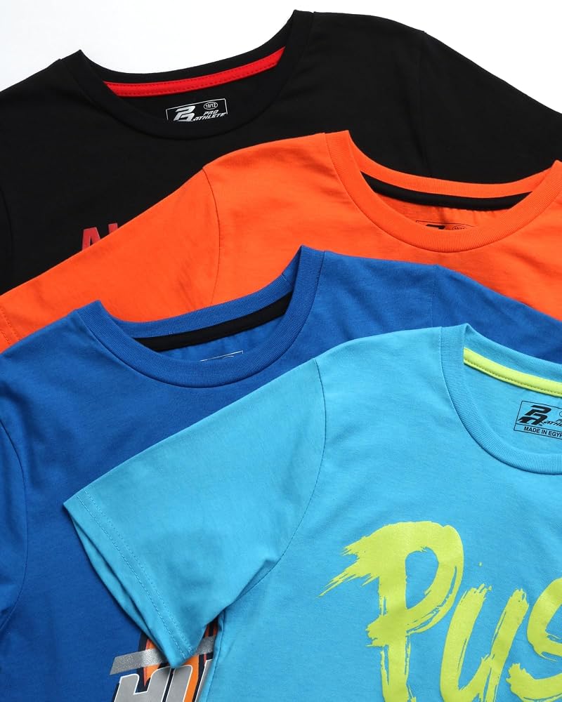 Pro Athlete Boys’ Athletic Shirts 4 Pack - Soft Cotton Blend Crew Neck (Orange/Royal/Blue/Black)