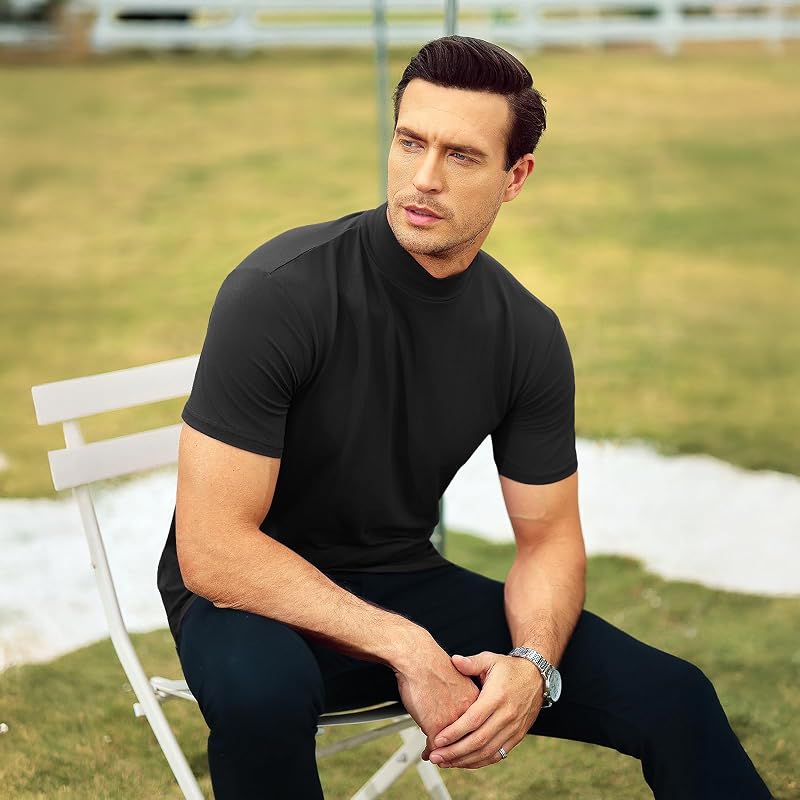 Men's Mock Neck Short Sleeve T-Shirt - Basic Fit, 80/20 Cotton-Spandex, Black Small