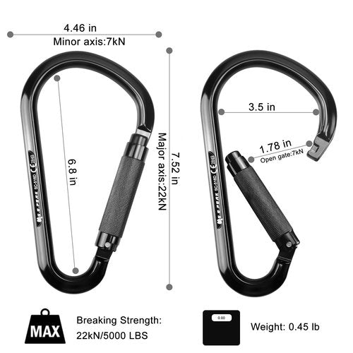SEPEAK CE 22kN Large Alumn Auto Twist Locking Ladder Hook Carabiner, Professional Heavy Duty Lightweight Clip for Outdoor Tower Climbing, Aerial Work, Rescue, Fall Protection D Ring, Huge Opening Gate