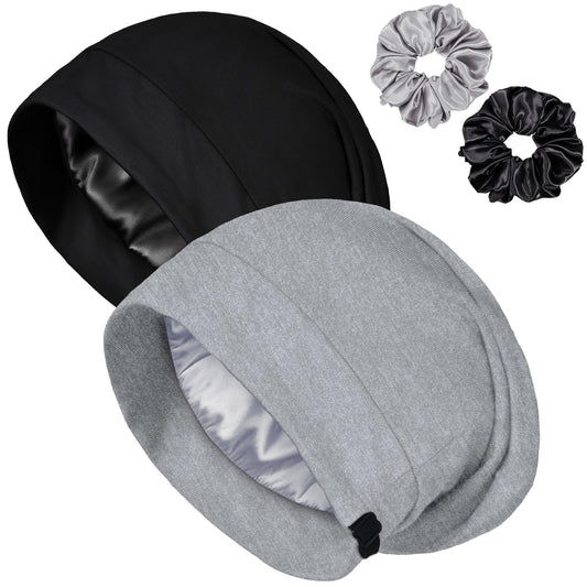 2PCS Satin Bonnet for Sleeping Night Cap, Adjustable Satin Lined Silk Bonnets Sleep Cap for Curly Hair Braids Beanie Black Women