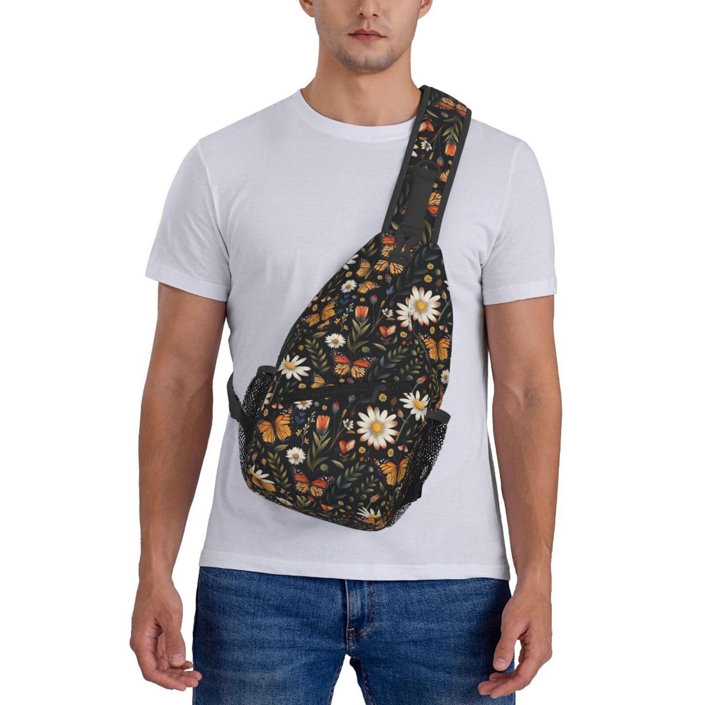 SUPLUCHOM Sling Bag Vintage Butterfly Daisy Leaf Hiking Daypack Crossbody Shoulder Backpack Travel Chest Pack for Men Women