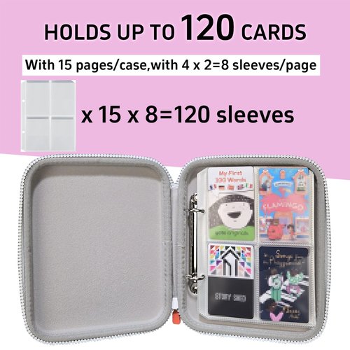 Sparkly Card Holder for YOTO Player Cards - 120 Pockets Portable Binder with Zipper, Carry Strap & Sleeves for Yoto Player/Mini Audiobook Cards, Travel-Friendly Hard Storage Organizer(Pink)