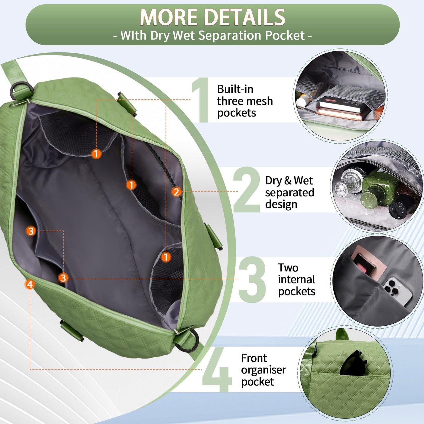 FIORETTO Women's Gym Duffle Bag with Shoes Compartment, Multi-Functional, Ideal for Travel, Gym, Sports, Duffel, Weekender, Quilted, with Toiletry Bag, Green