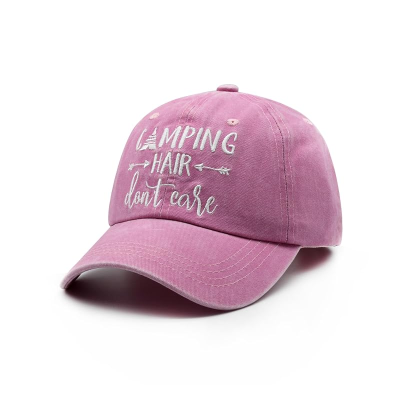 Women's Pink Embroidered Camping Hair Don't Care Adjustable Baseball Cap