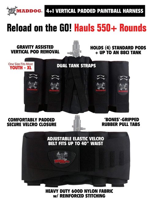 Maddog 4+1 Vertical Paintball Harness Pod Pack with (4) Paintball Pods | Pod Holder Belt with Pouch for up to 88ci. Paintball Tank Bottle | Remote Coil Compatible