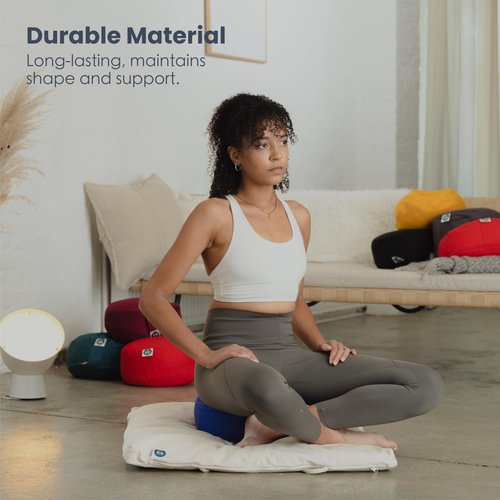 Present Mind (Height 6”) Half Moon Zafu Yoga Bolster for Gymnastics & Meditation Made in the EU – Dark Blue 100% Natural Cotton Crescent Yoga Meditation Buckwheat Cushion with Washable Covers