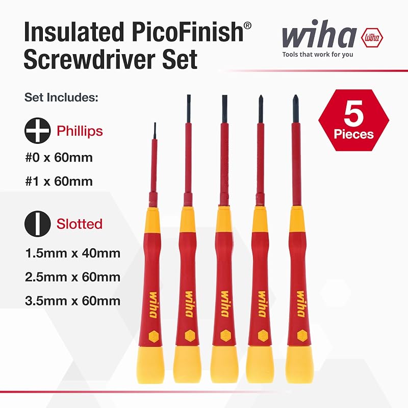 Wiha PicoFinish Insulated Precision Screwdriver Set - Slotted & Phillips, 5-Piece (Variation: Slotted & Phillips PicoFinish Set)